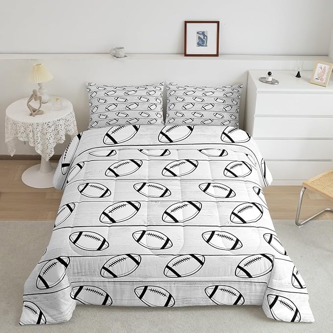 Manfei Football Comforter Set King Size, Sports Gaming Theme Bedding Set for Kids Boys Girls Room Decor, Grey Wooden Plank Down Comforter, Soft Polyester Quilt Set,2 Pillowcases