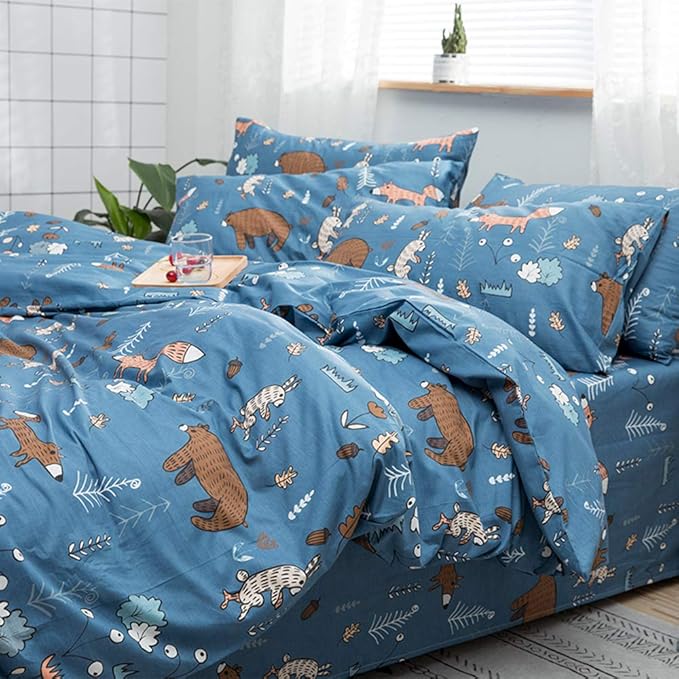 CLOTHKNOW Blue Queen Comforter Set 3Pcs Animal Cartoon Bedding Comforter Sets Kids Forest Fox Rabbit Comforter with 2 x Pillow Cases