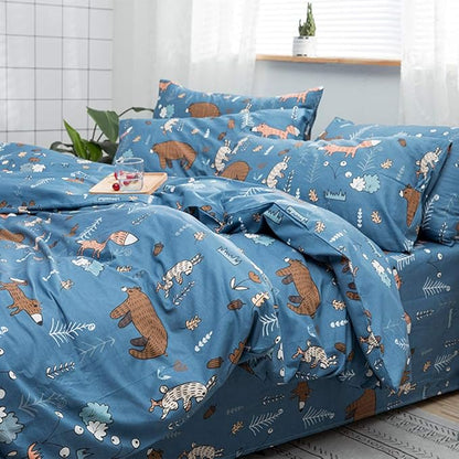 CLOTHKNOW Blue Queen Comforter Set 3Pcs Animal Cartoon Bedding Comforter Sets Kids Forest Fox Rabbit Comforter with 2 x Pillow Cases