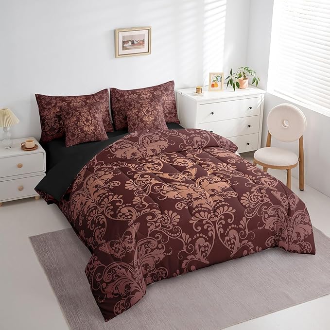 Erosebridal Gothic Damask Bed in a Bag Queen Comforter Set 7 Piece,Butterfly Skull Bedding Sets Brown Victorian Floral Goth Sheet Set with Comforter