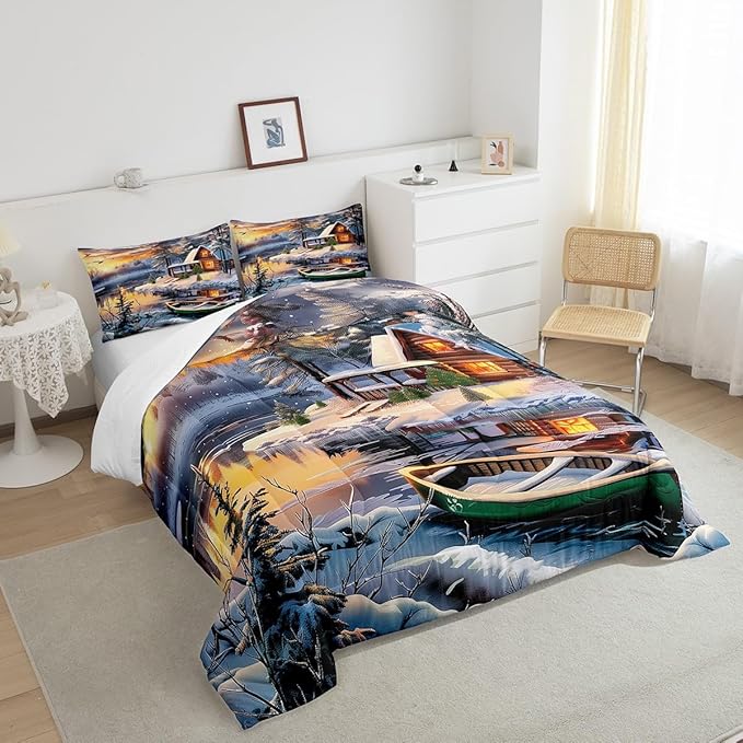 Winter Wood Cabin Comforter Set Full Size,Lake Boat and Mountain Scenery Bedding Set for Kids Teens Adult Room Decor,Snowflake Pine Tree Quilt Set Happy New Year Duvet Insert,2 Pillowcases