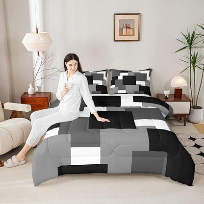 Castle Fairy Black Grey Comforter Set,Black White Geometric Bedding Set for Kids Teens,Modern Square Splicing Quilt Set,Duvet Insert 2 Pcs with 1 Pillowcase,Toddler