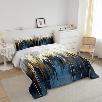 Erosebridal Navy Blue Bedding Twin Gradient Brush Marks Comforter Set, Watercolor Stripe Aesthetic Bedding Comforter Sets Greyish White Ombre Duvet Insert, Vintage Contemporary Down Comforter 2pcs