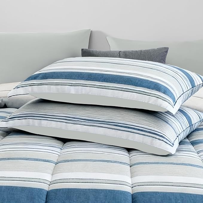Monbix Queen Comforter Set - 7 Pieces Bed in a Bag Queen, Blue-Stripe Bedding Sets, All Seasons Comforter Bed Set with Sheets, Pillowcases & Shams