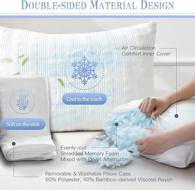 Meoflaw Cooling Pillows for Sleeping Standard Size,Shredded Memory Foam Bed Pillow with Double Sided Material Pillow Case,Adjustable Loft-Slow Rebound Standard Pillow for Side & Back Sleeper