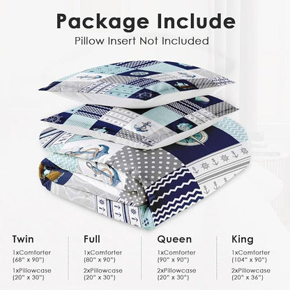 Full Size Comforter Set with 2 Pillowcases, Nautical Blue Marine Summer 3 Pcs Bedding for Kids and Adults, Sea Ocean Boat Plaid Soft Comforter Set for Bedroom Bed Decor