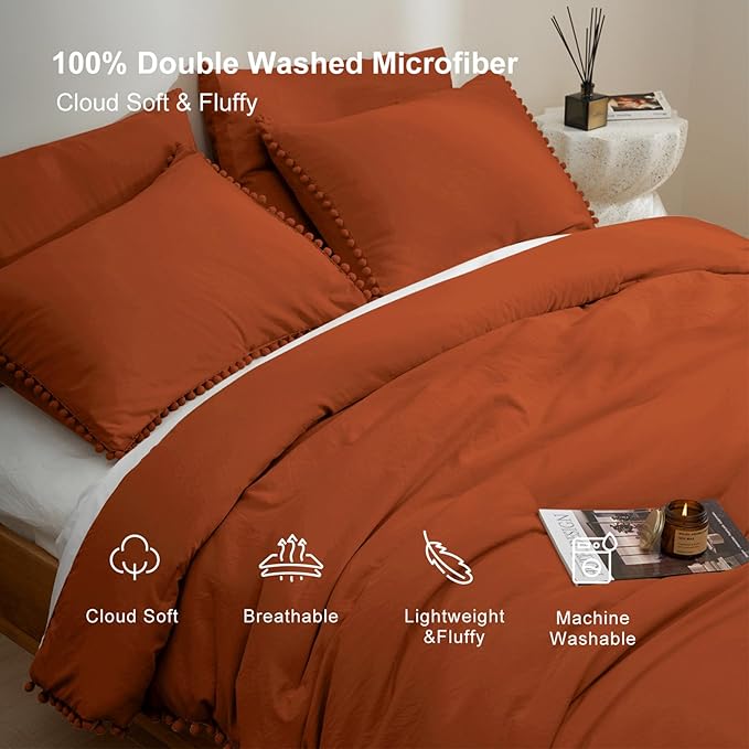 MUKKA Queen Comforter Set 5-Piece Queen Size Terracotta, Boho Pom Pom Fringe Comforter Burnt Orange, Soft Microfiber Bedding Comforter Set Rust with 2 Pillowcases,2 Pillowshams