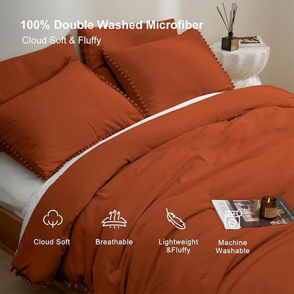 MUKKA Queen Comforter Set 5-Piece Queen Size Terracotta, Boho Pom Pom Fringe Comforter Burnt Orange, Soft Microfiber Bedding Comforter Set Rust with 2 Pillowcases,2 Pillowshams