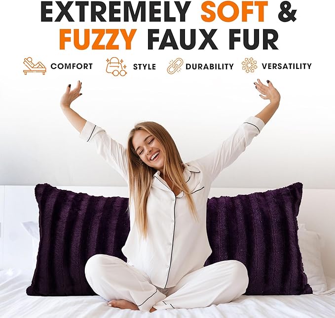 Cheer Collection Faux Fur Long Body Pillow - Accent Throw Pillow for Bed and Couch - Decorative Lumbar Pillow with Insert, Purple (18" x 40")