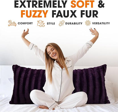 Cheer Collection Faux Fur Long Body Pillow - Accent Throw Pillow for Bed and Couch - Decorative Lumbar Pillow with Insert, Purple (18" x 40")