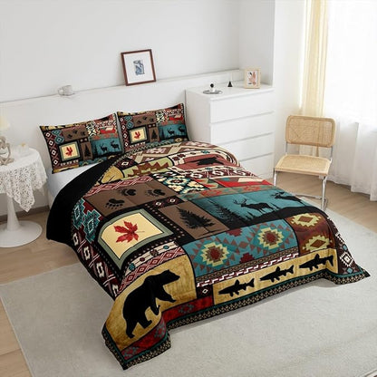 Feelyou Rustic Cabin Bedding Comforter Sets Twin Size, Lodge Bear Bedding Sets, Southwestern Quilt Duvet Moose Deer Country Farmhouse Animal Wildlife Hunting Brown Patchwork Plaid Quilt, 1 Pillowcase