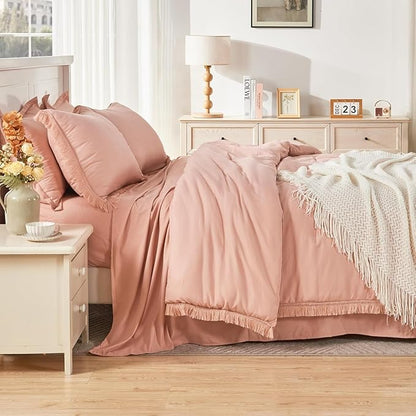 Andency Oversized King Comforter Set Pink 120x98-7 Pieces Boho Tassel Bed in a Bag Soft Lightweight Bedding Sets, Fringe All Season Bed Set with Comforter, Sheets, Pillowcases & Shams