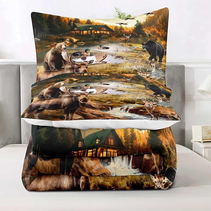 LUVIVIHOME 3PCS Black Bear Moose Elk Deer Comforter Set King Size, Rustic Cabin Bedding, Mallard Duck Forest Animal Wildlife Hunting Hunter Country Lodge Rustic Farmhouse Bedroom Decor, 2 Pillow Shams