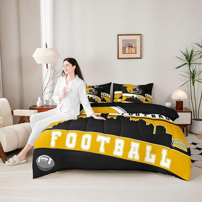 Erosebridal Football City 7 Pcs Comforter Set Twin Football Bedding Boys Girls Yellow Black Rugby Game Sheet Set Bed in A Bag Football Fans Room Decor Sports Ball Team Bed Set