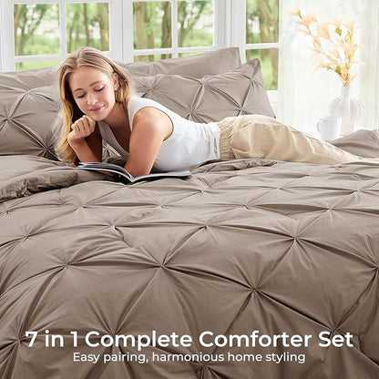 Sasttie Full Size Comforter Set, 7-Piece Bed in a Bag, Pintuck Bedding Set for All Season, Includes Comforter, Flat Sheet, Fitted Sheet, Pillowcases and Pillowshams, Dark Linen