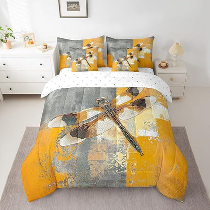 Erosebridal Hippie Dragonfly Bedding Twin Size 7-Piece Yellow Grey Oil Painting Comforter Set, Aesthetic Bed in a Bag (1 Comforter, 1 Fitted Sheet, 1 Flag Sheet, 2 Pillowcases, 2 Throw Pillow Covers)