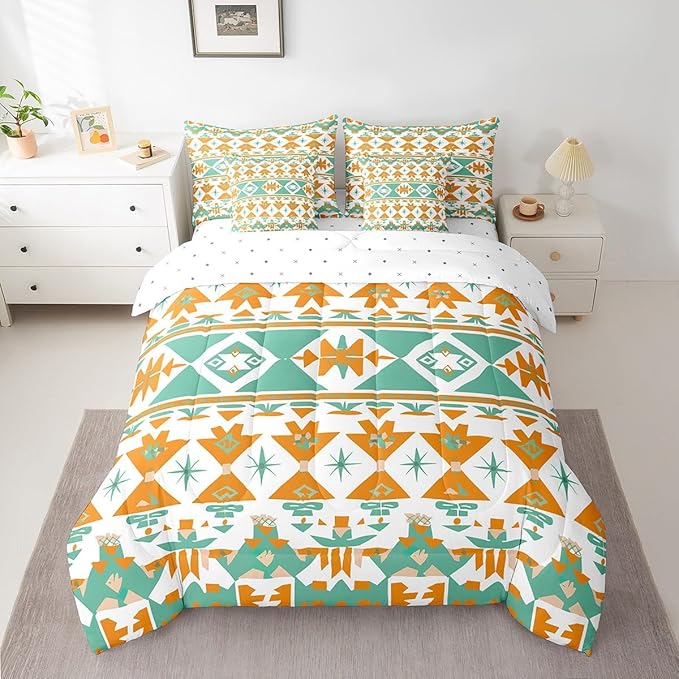 Erosebridal Western Bed in a Bag King Size Comforter Set 7 Pieces,Geometric Triangle Bedding Sets Vintage Indian Tribe Geometric Sheet Set with Comforter