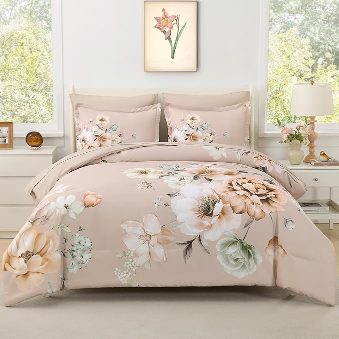 Floral King Size Comforter Set - 7 Piece Botanical Dusty Pink Flower Bed in a Bag Ulter Soft Microfiber Bedding Set, Lightweight Bed Comforter Set with Sheets for All Season (Dusty Pink, King)
