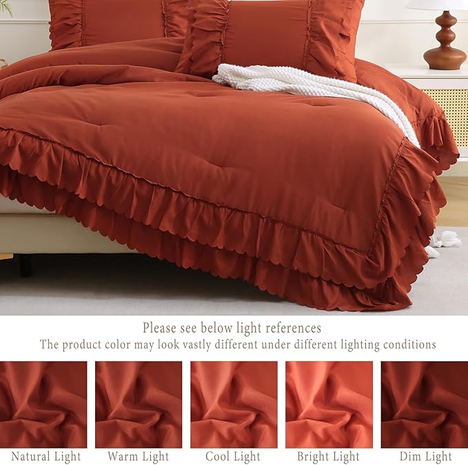 Herside Brick Red Ruffle Comforter Set Queen Size,Shabby Chic Boho Bedding Sets, Soft Fluffy Comforters Sets for All Season,Vintage Ruffled 3 Pcs Microfiber Lightweight Quilt Set for Women Girls