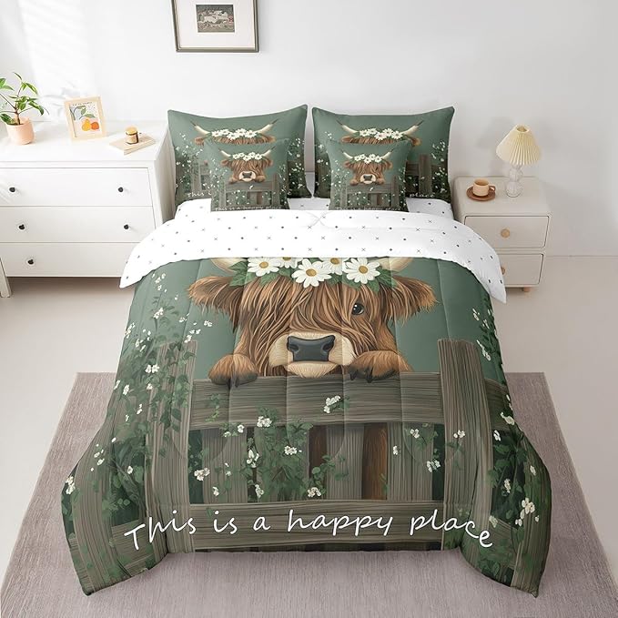 Erosebridal 7Pcs Farmhouse Highland Cow Full Bedding Sets for Boys Kids Rustic Funny Animal Bed Set, Cute Brown Cow Comforter + Flat Sheet + Fitted Sheet + 2 Pillowcases + 2 Throw Pillow Covers