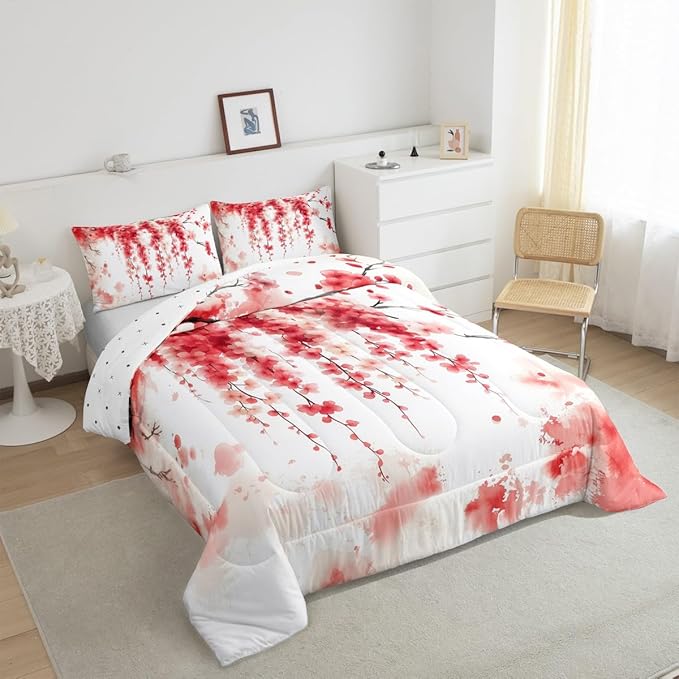 Manfei Cherry Blossom Comforter Set Toddler Size, Watercolor Flower Branches Bedding Set 2pcs, Japanese Style Pink Red Floral Down Comforter, Kids Girls Women Room Decor, 1 Pillowcase, No Sheets