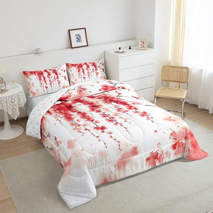Manfei Cherry Blossom Comforter Set Toddler Size, Watercolor Flower Branches Bedding Set 2pcs, Japanese Style Pink Red Floral Down Comforter, Kids Girls Women Room Decor, 1 Pillowcase, No Sheets
