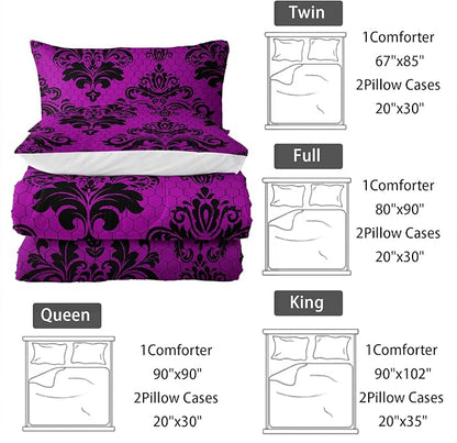Violet Gothic Floral Print Comforter Set Queen Size,Vintage Damask Floral Bedding Set,Bohemian Exotic Printed Quilted Set for Teens Adult,with 1 Comforter and 2 Pillow Case