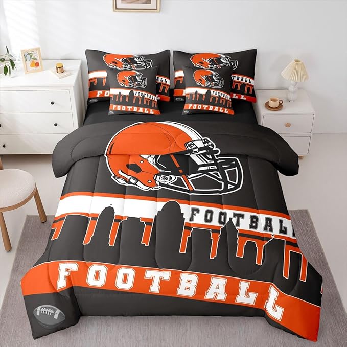Erosebridal Football City 7 Pcs Comforter Set King Football Bedding for Young Grey Orange Rugby Game Sheet Set Bed in A Bag Football Fans Room Decor Sports Ball Competition Quilt