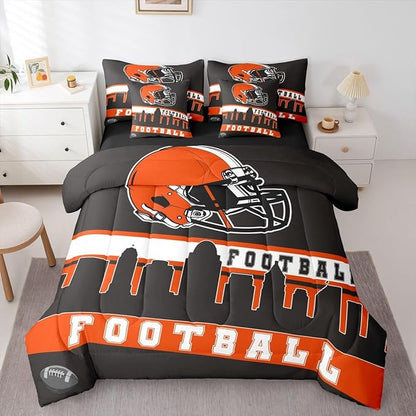 Erosebridal Football City 7 Pcs Comforter Set King Football Bedding for Young Grey Orange Rugby Game Sheet Set Bed in A Bag Football Fans Room Decor Sports Ball Competition Quilt