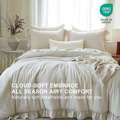 Beige Ruffle Comforter Set King, Pre-Washed Shabby Chic Bedding Set, Lightweight Cottagecore Soft Romantic Cozy 1 Comforter & 2 Shams, All-Season