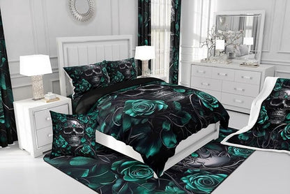 Erosebridal Gothic Bedding Set for Adluts Kids Teens Halloween Goth Skull Queen Comforter Set Vintage Victorian Romantic Turquoise Rose Floral Quilt Spooky Skeleton Boho Horror Bedding,Gothic Decor