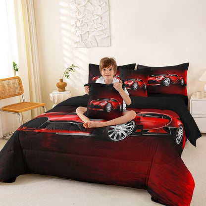 Feelyou Sports Car 7 Piece Bedding Set Red Race Car Comforter Set with Sheets for Kids Boys Girls Extreme Sports Theme Bed in a Bag Cool Speed Luxury Car Decor Bed Set with 1 Pillowcase Twin