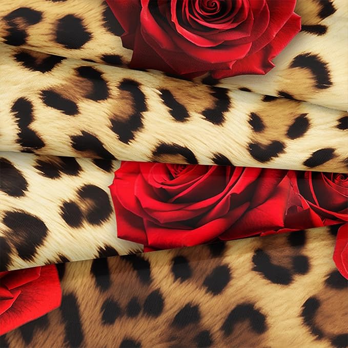 MOVE OVER Leopard Comforter Set California King Red Rose Flower Bedding Set 4 Pieces Cheetah and Rose Flower Printed Design Romantic Comforter Set for Women and Female Leopard Printed Bedding Set
