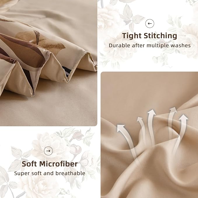 Drucon Floral Comforter Set Queen Size 7 Pieces Bed in a Bag, Khaki Floral Bedding Set, Soft Microfiber Comforter and Sheet Set for All Season (Queen, 90"x90")