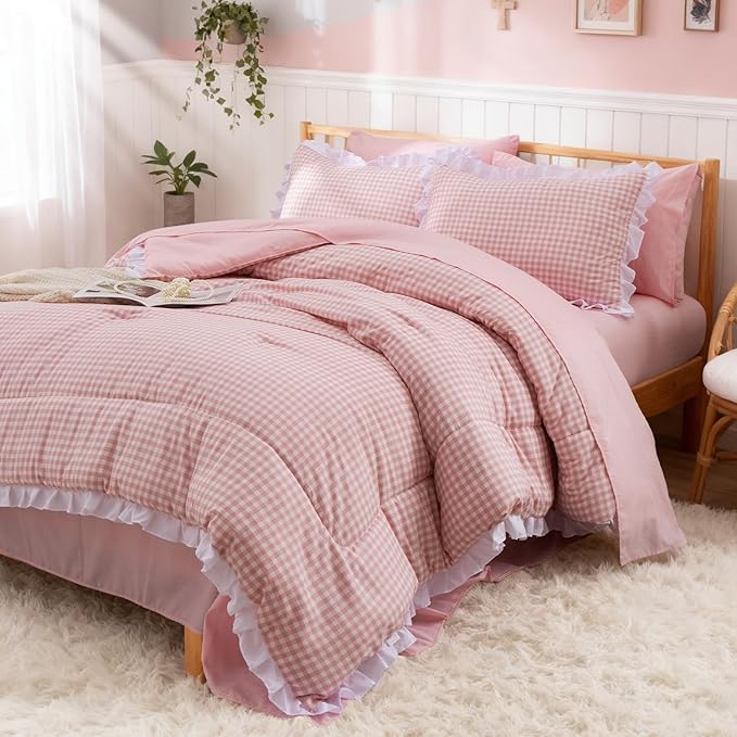 A Nice Night Comforter Set Full, 5 Pieces Lightweight Soft Rustic Pink Ruffle Comforter, Plaid Checkered Chic Bedding Set with Pillow Shams