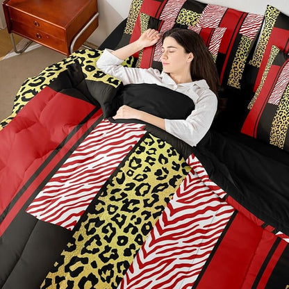 Erosebridal Leopard Print Stripes Girly Red Gold Full Comforter Set 7 Pieces | Fur Pattern Bed in A Bag for Bedroom Women Men Adults Bedding Set with Comforters Zebra Cheetah Wild Animal Room Decor