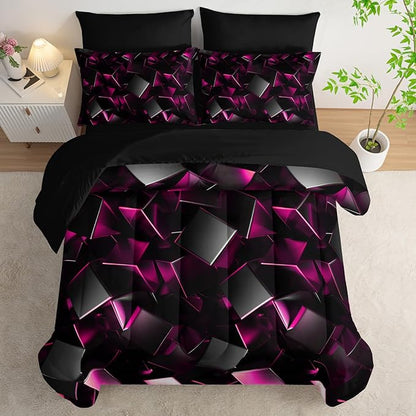 Black and Pink Geometric Comforter Set Queen Size 7PCS,Abstract Triangular Printed Bedding Set for Adults,Geometric Mordern Art Decor All Seasons with Pillowcases,Flat, Fitted Sheet