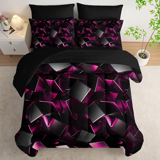 Black and Pink Geometric Comforter Set Twin Size 7PCS,Abstract Triangular Printed Bedding Set for Adults,Geometric Mordern Art Decor All Seasons with Pillowcases,Flat, Fitted Sheet