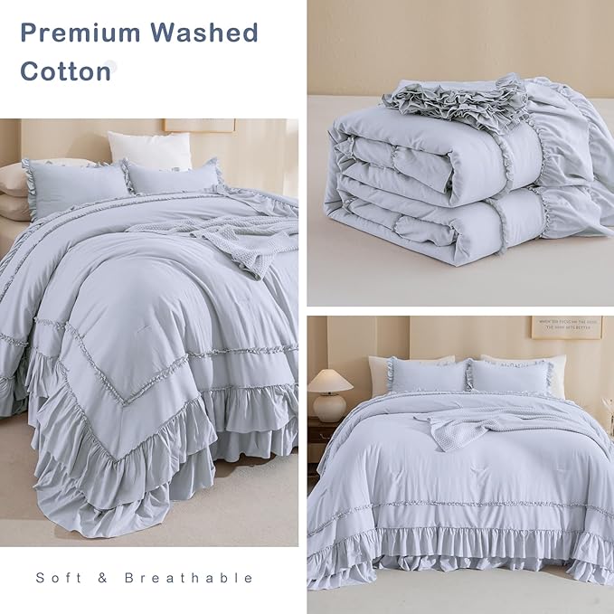 CozyTide Oversized King Comforter 128x120,Cotton Farmhouse Ruffled Bedding Comforter Set Lightweight Ultra Soft Vintage French Country Bedding 3PCS(1 Light Blue Ruffle Comforter+2 Pillowcases)