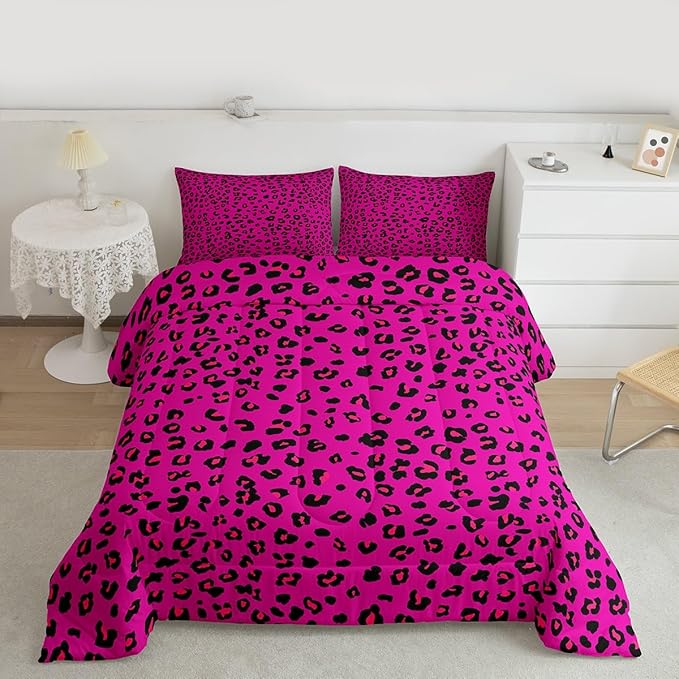 Erosebridal Pink Leopard Print Full Comforter Set | Cheetah Wild Animals Bedding Set for Women Room Decor Africa Leopard Comforter Safari Animals Duvet Insert,3 Piece with 2 Pillowcases
