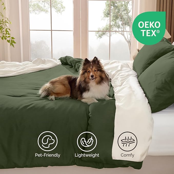 Andency Olive Green King Size Comforter Set, Solid Comforter Set 3 Pieces (1 Boho Comforter & 2 Pillowcases), Lightweight Fluffy Soft Vintage Olive Bed Comforter for All Season