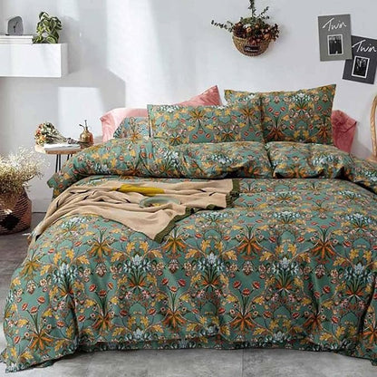 Bohemia Comforter Set King Size, Dark Green Vintage Floral Pattern Printed Bedding Sets - 3 Pcs Soft and Lightweight Duvet Bed in a Bag for Women Boho Bed Home Decor, 104x90 inch