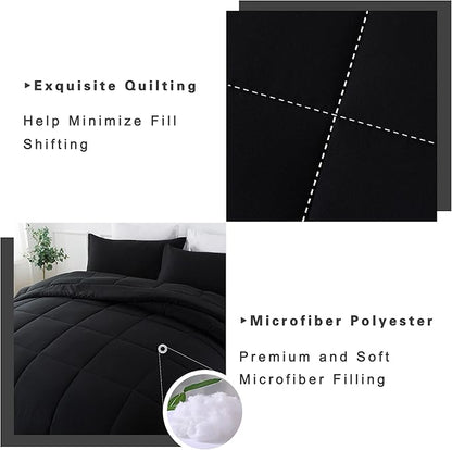 DOWNCOOL Queen Comforter Set -All Season Queen Bed Set with 2 Pillow Cases-3 Pieces Bedding Sets Queen -Down Alternative Black Queen Size Comforter Sets(88"x92")