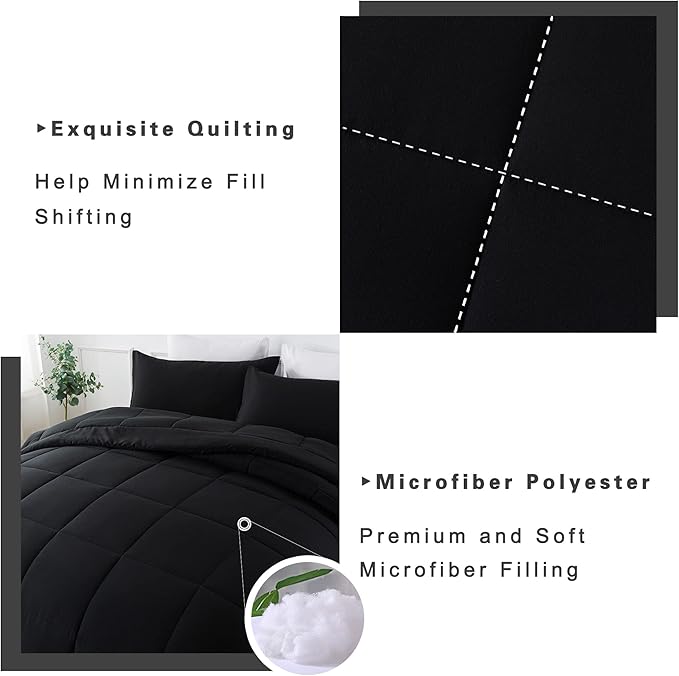 DOWNCOOL Full Size Comforter Sets -All Season Bedding Comforters with 2 Pillow Cases -3 Pieces Bed Set Down Alternative Comforter -Black Bedding Sets (82"x86")