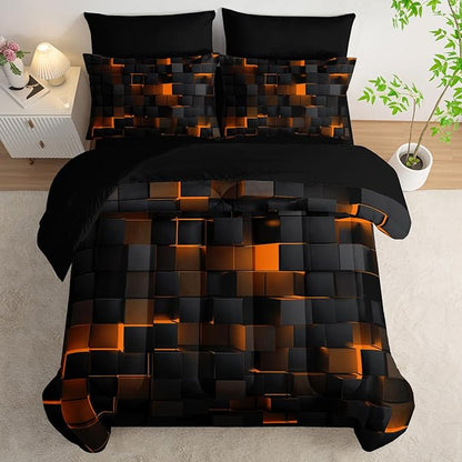 Geometric Yellow Black Full Comforter Set,Light Honeycomb Bedding Set 7 Piece in A Bag,Bed Sheet Set Geometry Decor,Microfiber Lightweight All Season