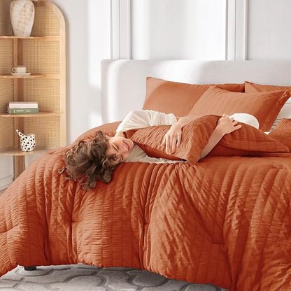 MUXHOMO 7 Pieces King Comforter Set, Seersucker Bed in a Bag King Size, All Season Luxury Bedding Set with Comforter, Flat Sheet, Fitted Sheet, Pillowcases & Shams, Burnt Orange