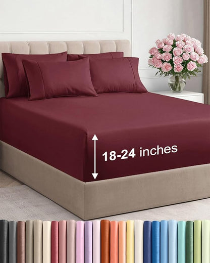 Extra Deep Full Sheet Set - 6 Piece Breathable and Cooling Sheets - Hotel Luxury Bedding for Women, Men, Kids & Teens - Easy & Secure Fit - Soft, Wrinkle Free and Comfy - Extra Deep Pockets - Burgundy