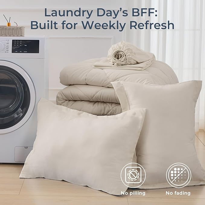 HEVUMYI Beige Tan Twin-XL Comforter Set - 5-Piece All Season Bed in a Bag Twin-XL, Ultra Soft Bedding Set with Comforter, Flat Sheet, Fitted Sheet, Pillowcases, Pillow Shams, Beige Tan