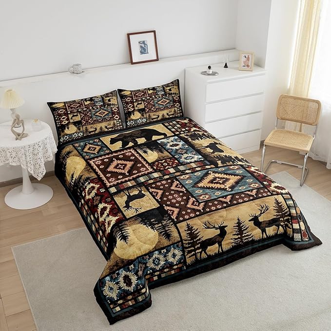 Erosebridal Rustic Bear Comforter Set Queen,Buffalo Plaid Grid Checkered Bedding 3Pcs,Hunting Deer Farmhouse Cabin Decor Quilt,Retro Southwest Aztec Bed Set,Tribal Duvet Insert,Brown Red
