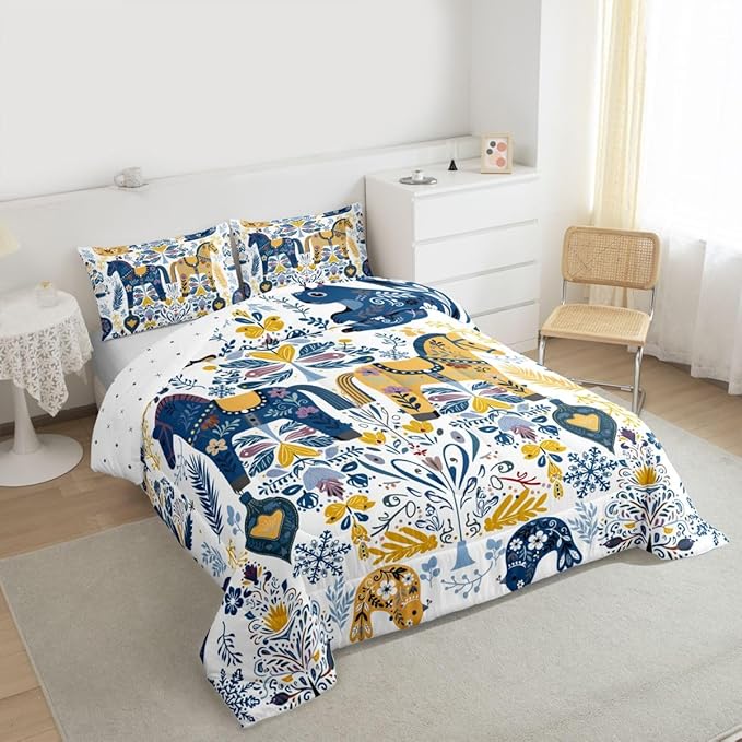 Floral Horse Comforter Sets Full Size,Rustic Squirrel Bird Bedding Set 3Pcs for Kids Girls Boys Women Room Decor,Boho Flower Leaves Quilted Duvet Scandinavian Style Down Comforter,2 Pillowcases